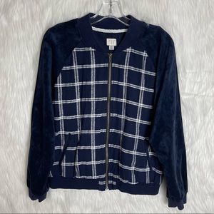 A New Day Plaid Navy Blue Bomber Jacket Suede Sleeves